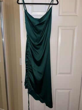 Emerald Green Satin Slip Dress Cowl Neck Ruched Midi Wedding Guest